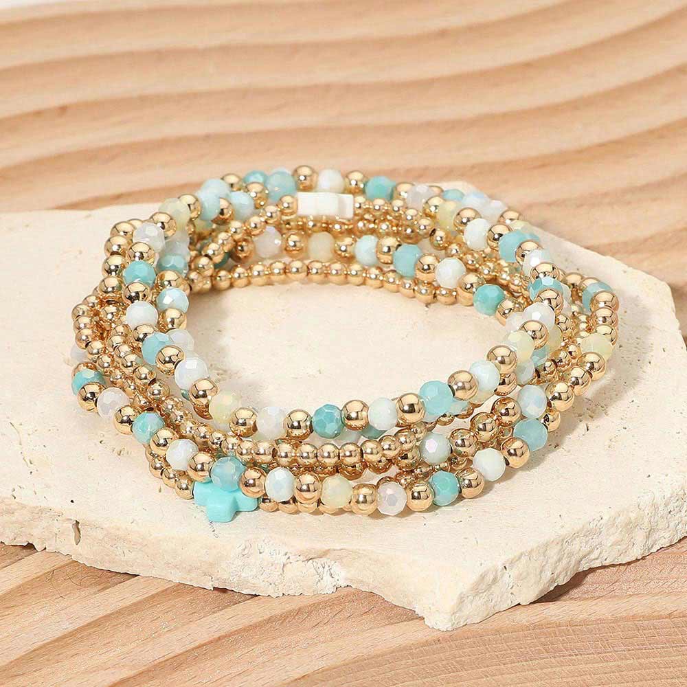 6PCS - Cross Charm Faceted Beaded Stretch Multi Layered Bracelets
