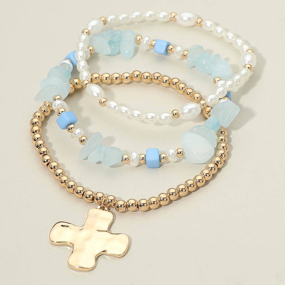 3PCS - Hammered Metal Cross Charm Pearl Beaded Stretch Multi Layered Bracelets
