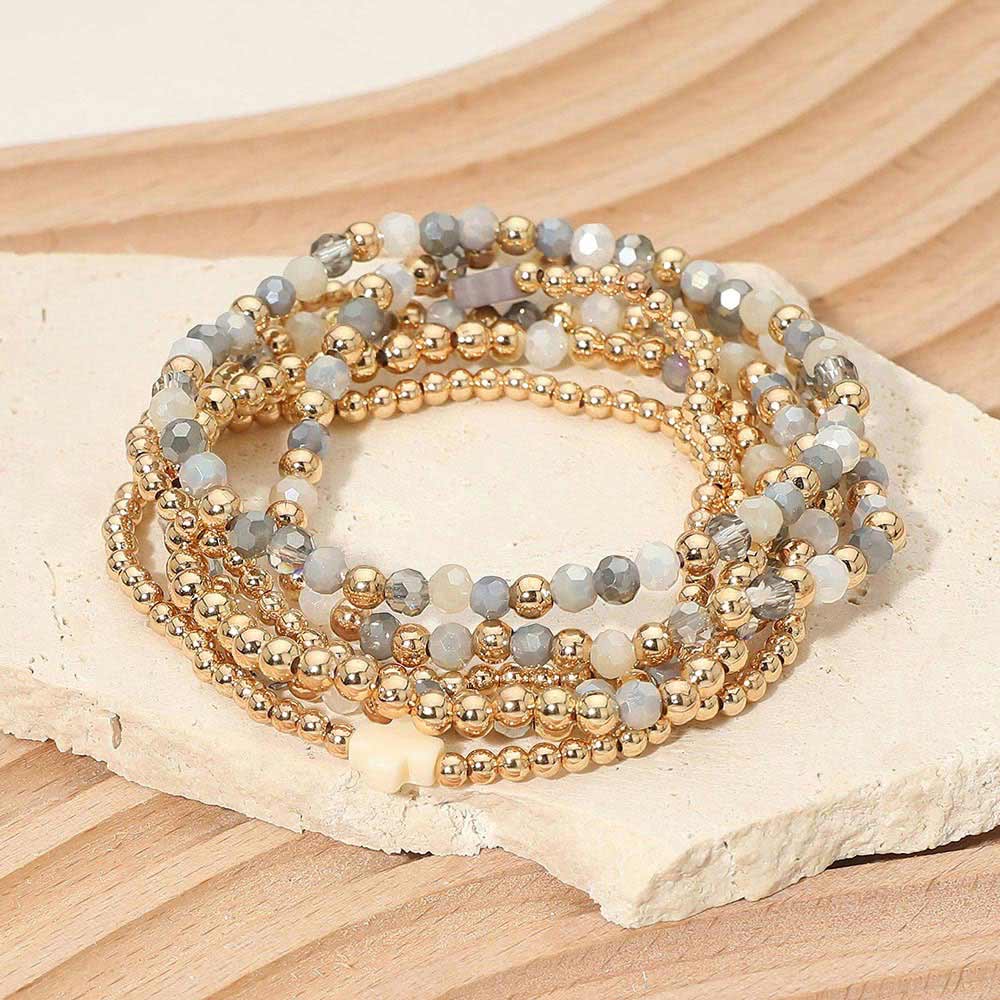 6PCS - Cross Charm Faceted Beaded Stretch Multi Layered Bracelets