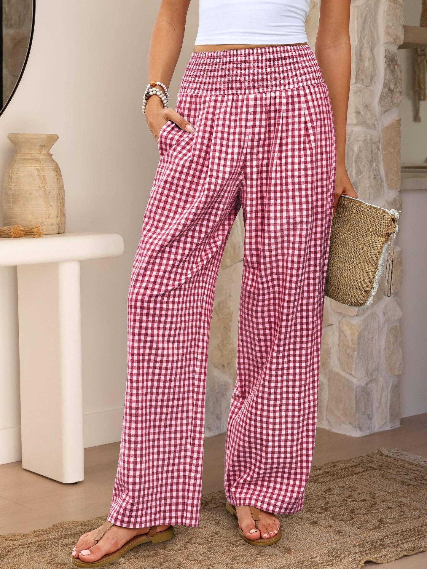Gingham High Waist Wide Leg Pants with Pockets