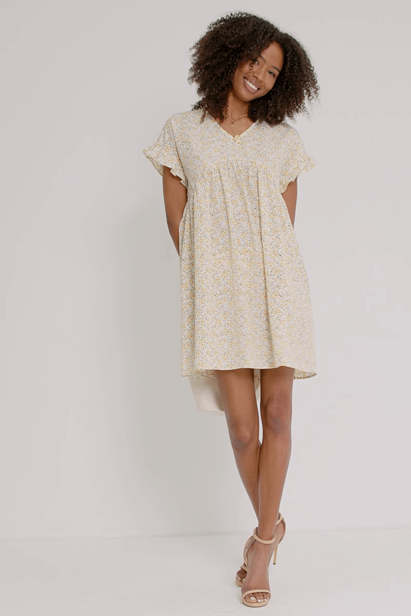 Womens Ditsy Floral Smocked V Neck Dress
