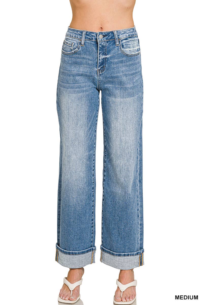 High Rise Cuffed Wide Leg Denim Pants - Zenana