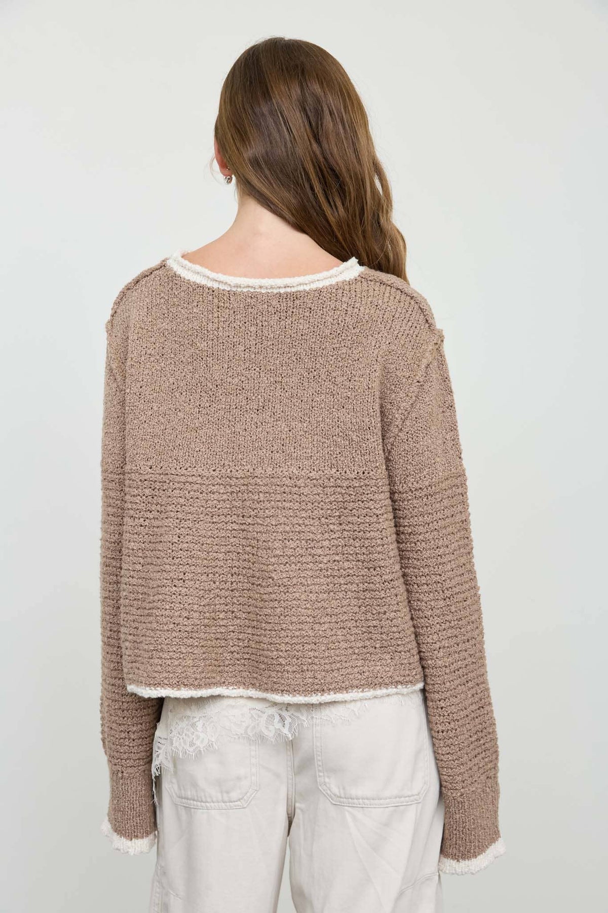 CONTRAST TRIM AND KNIT PATTERN LONG SLEEVE SWEATER