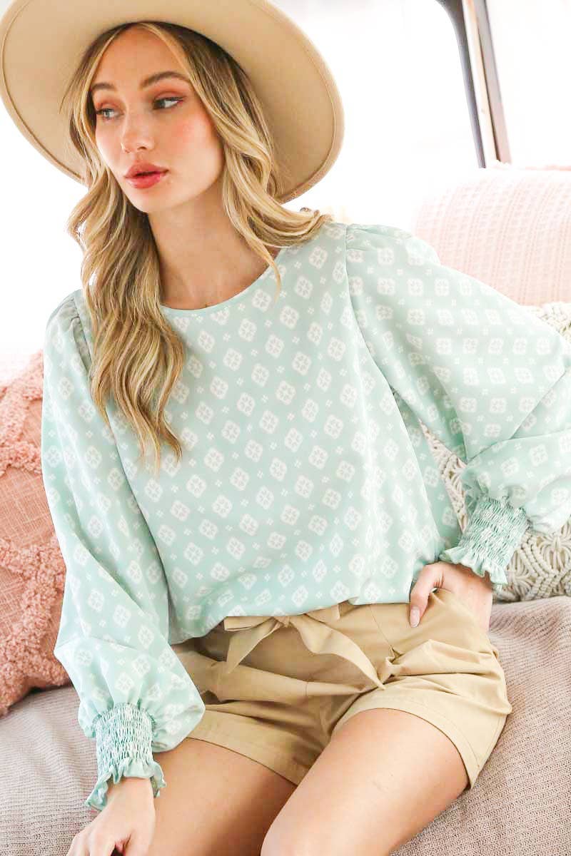 Geo Print Crew Neck Puff Sleeve Blouse