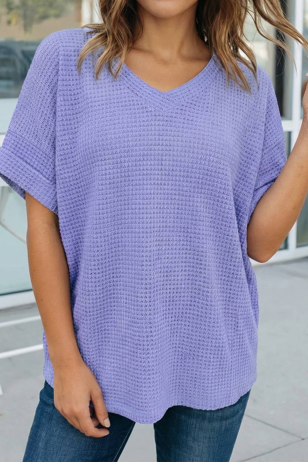 Waffle V Neck Short Sleeve Knit