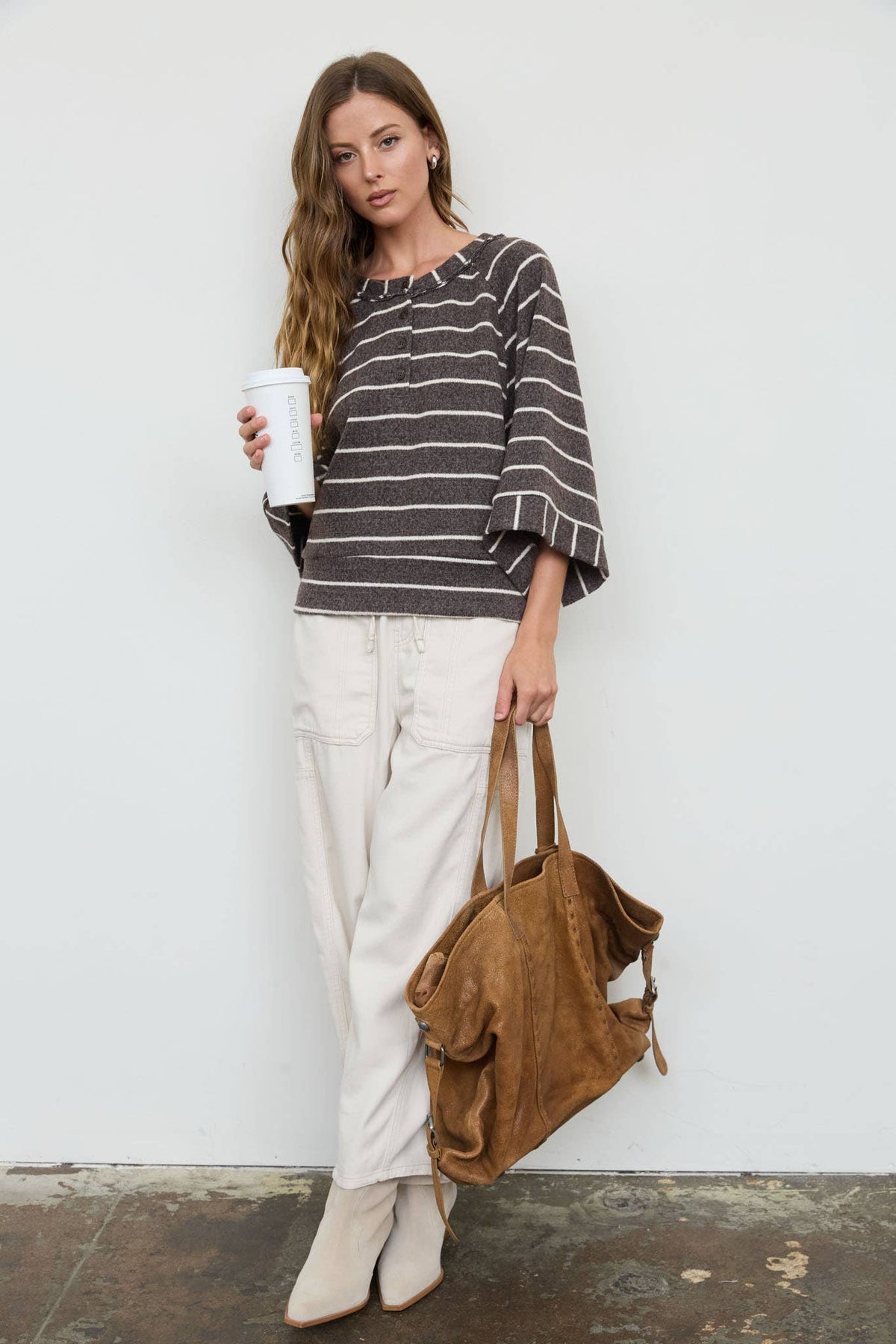STRIPE HENLEY WIDE LONG SLEEVE KNIT TOP