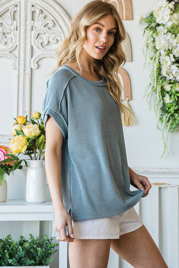Solid Rib Drop Shoulder Side Slit Short Sleeve Top