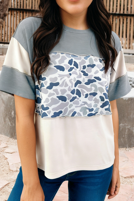 Raw Seam Color Block Camouflage Patchwork Casual Tee