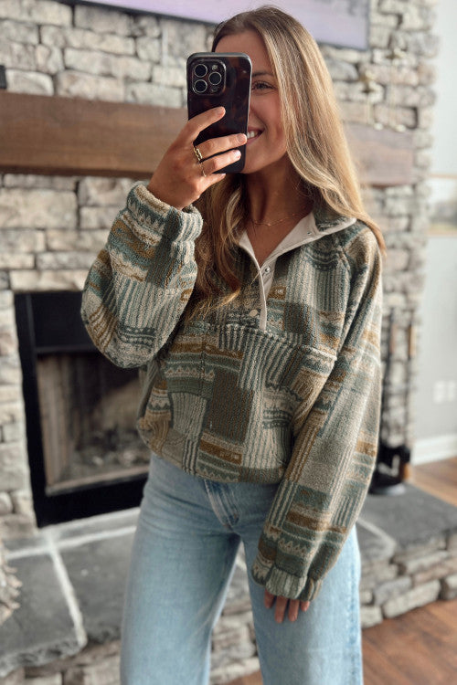 Green Western Print Fleece Pullover Long Sleeve