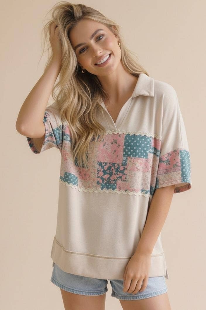 Collared Notch Neck Floral Patchwork Print Top