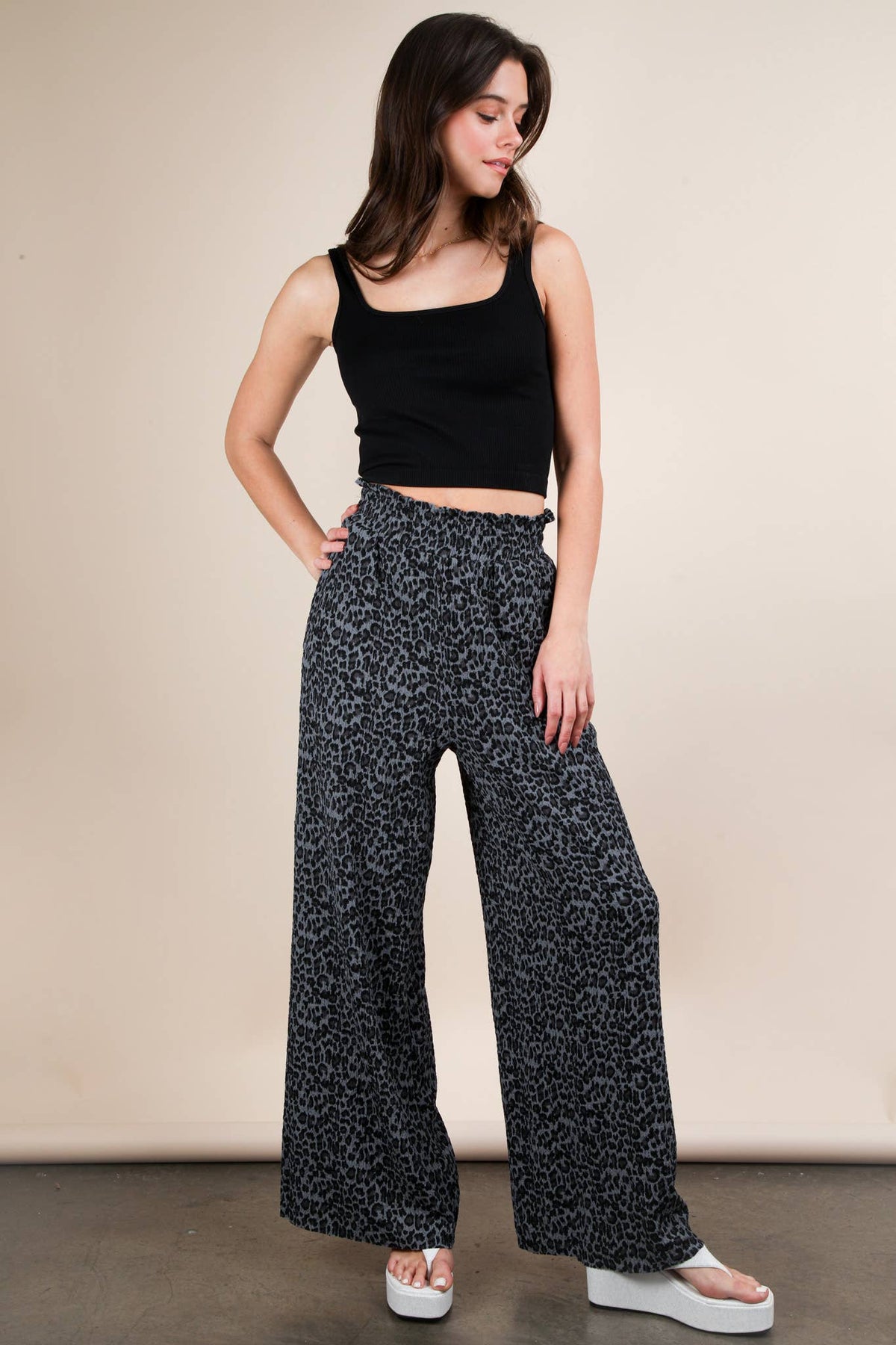 Leopard Print Wide Leg Pleated Pants