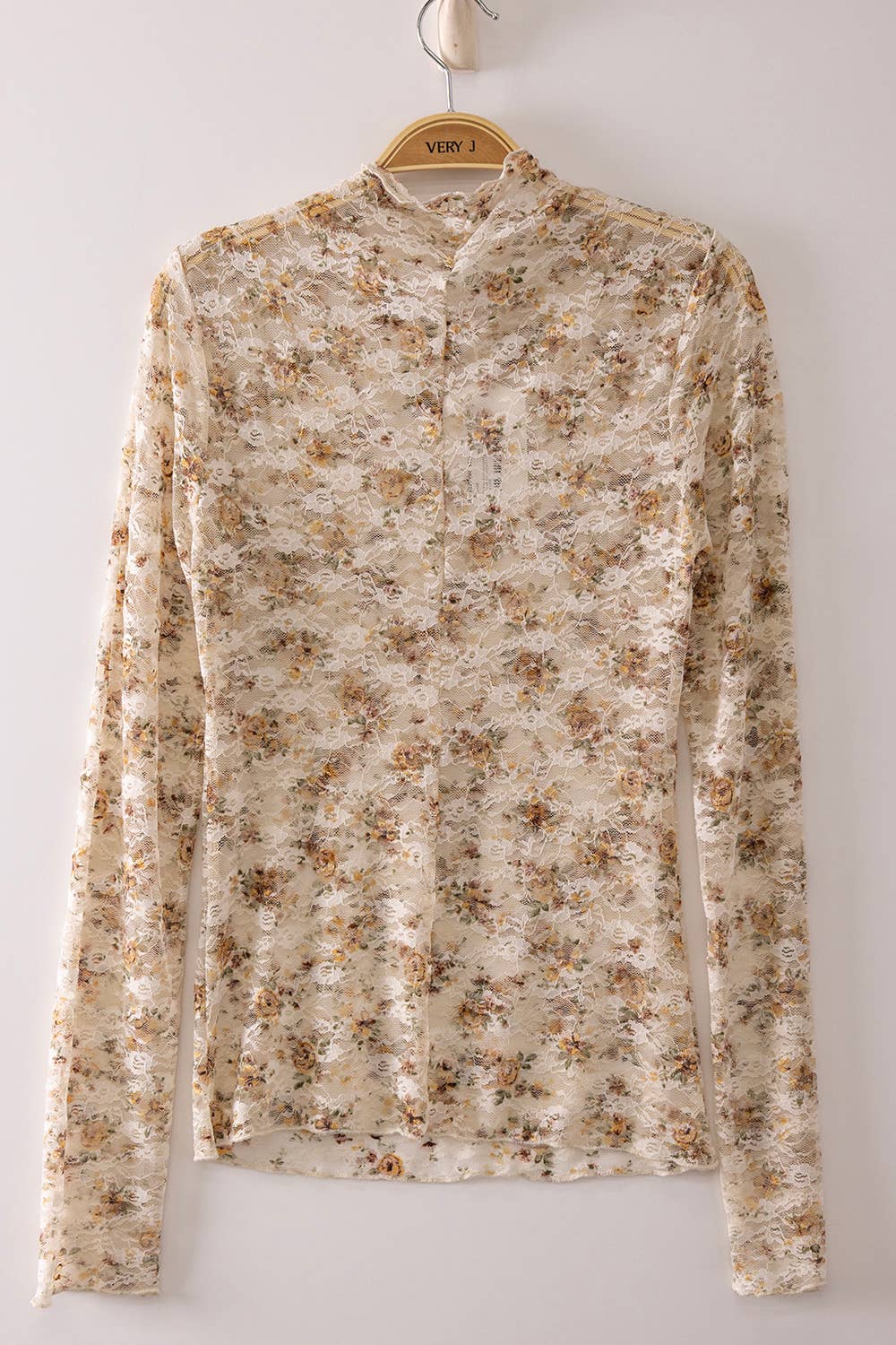 High Neck Fitted Sheer Mesh Lace Knit Top