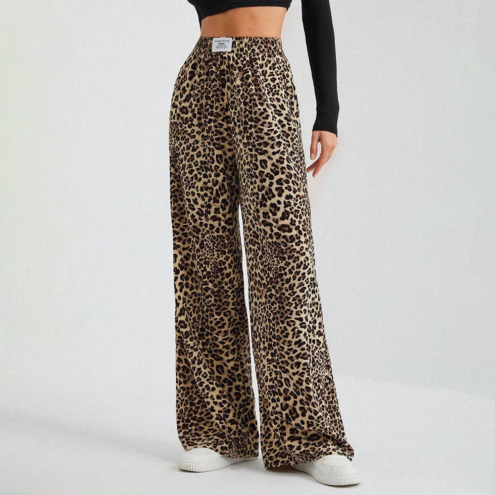 Leopard Print Wide Leg Pants High Waist Casual Trousers