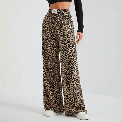 Leopard Print Wide Leg Pants High Waist Casual Trousers