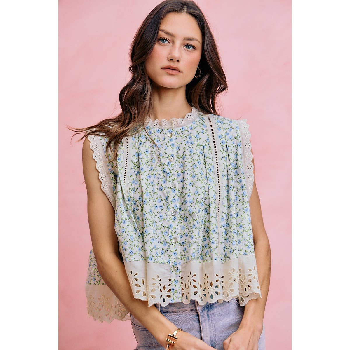 FLORAL PRINT WOVEN BUTTON DOWN TRIMMED BLOUSE TOP
