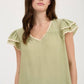 V NECK WAVY TRIM RUFFLE SLEEVE TOP