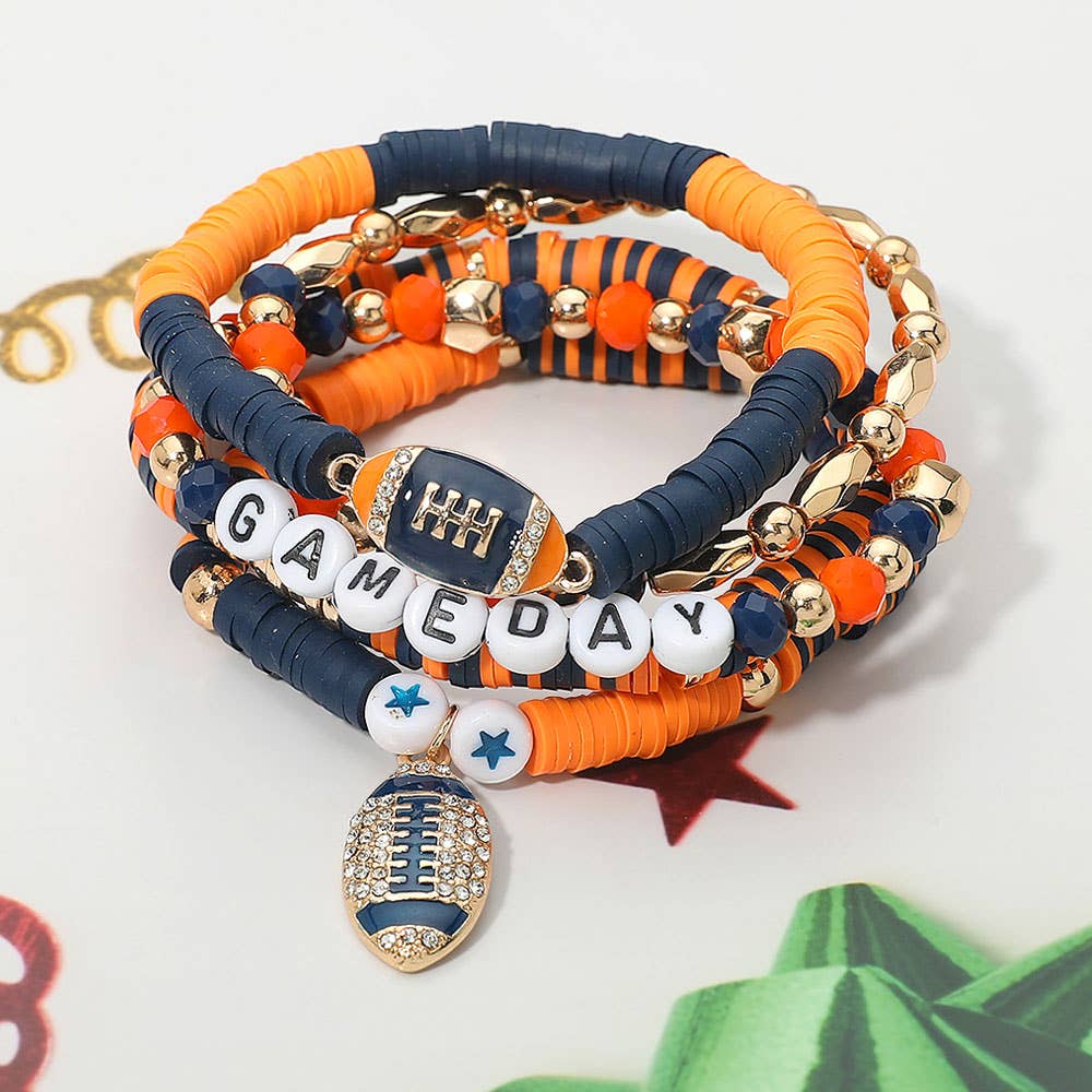 5PCS - GAME DAY Football Charm Heishi Faceted Beaded Stretch Multi Layered Bracelets