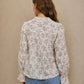 FLORAL LEAF PRINT SPLIT NECK LONG SLEEVE BLOUSE