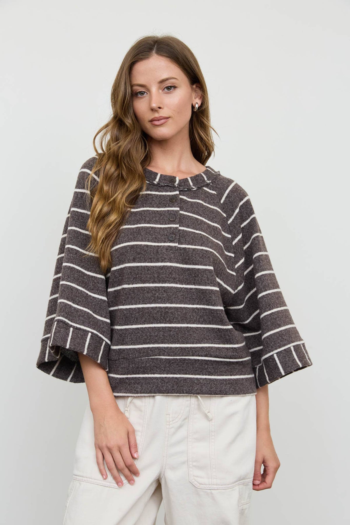 STRIPE HENLEY WIDE LONG SLEEVE KNIT TOP