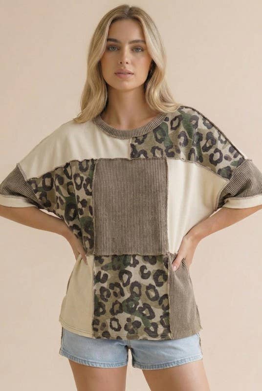 Camo Animal Print Color Block Top