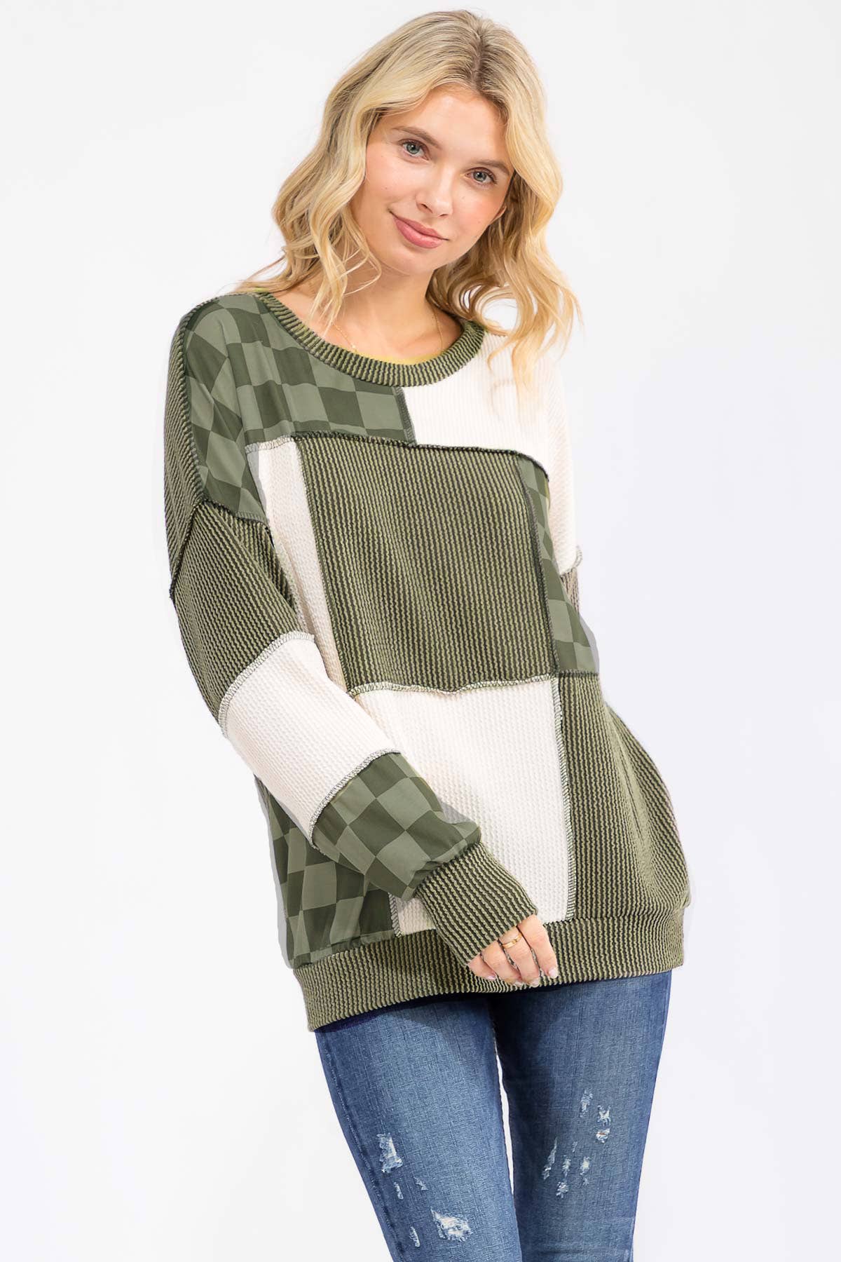 Patchwork Rib And Checkerboard Pullover Top