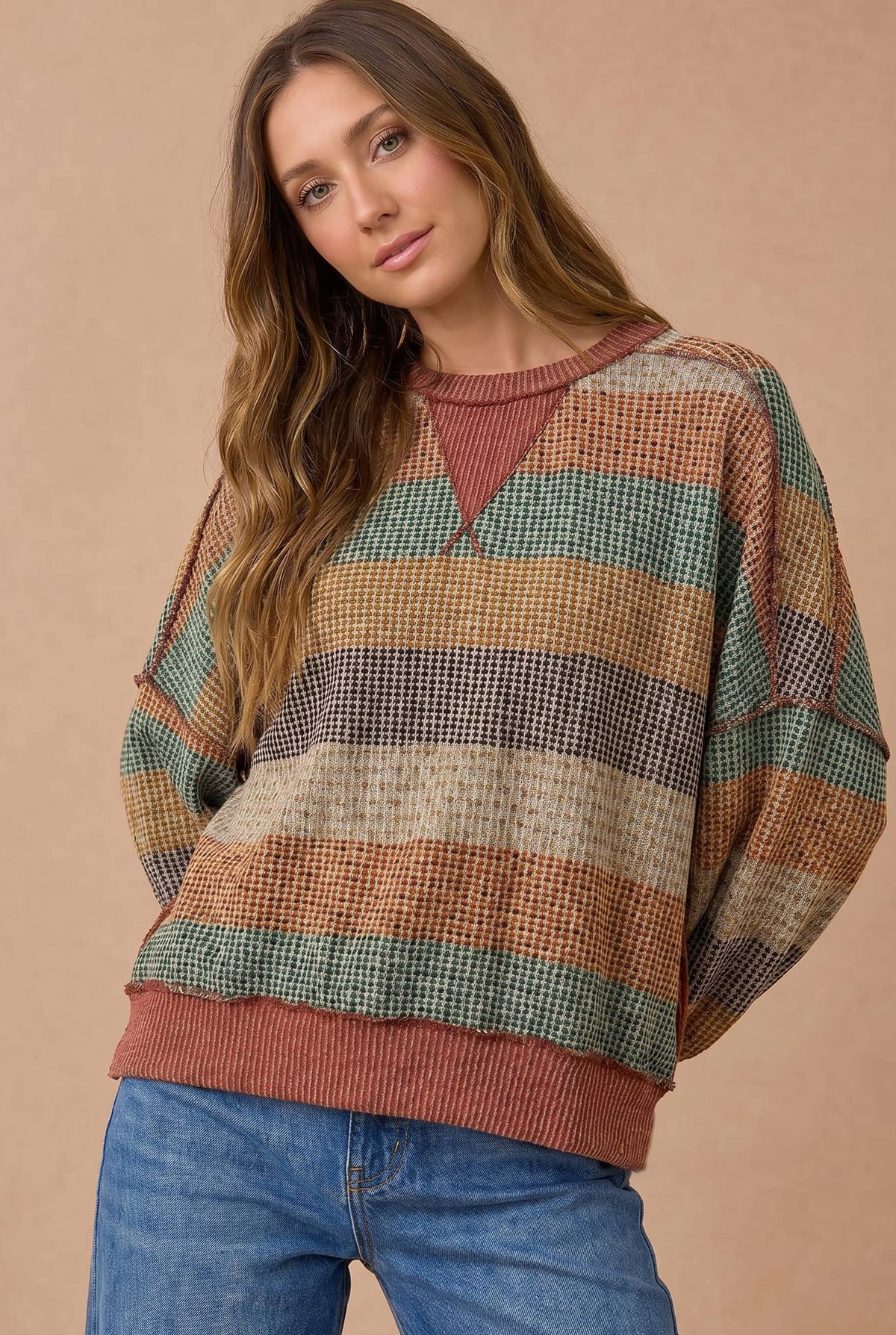 Plus Stripe Waffle Wave Rib Banded Hem Pullover