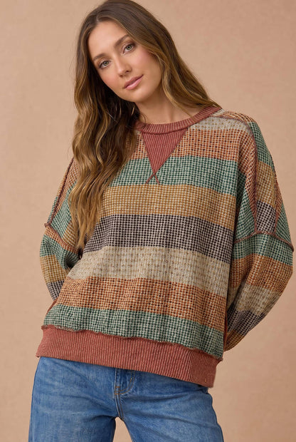 Plus Stripe Waffle Wave Rib Banded Hem Pullover