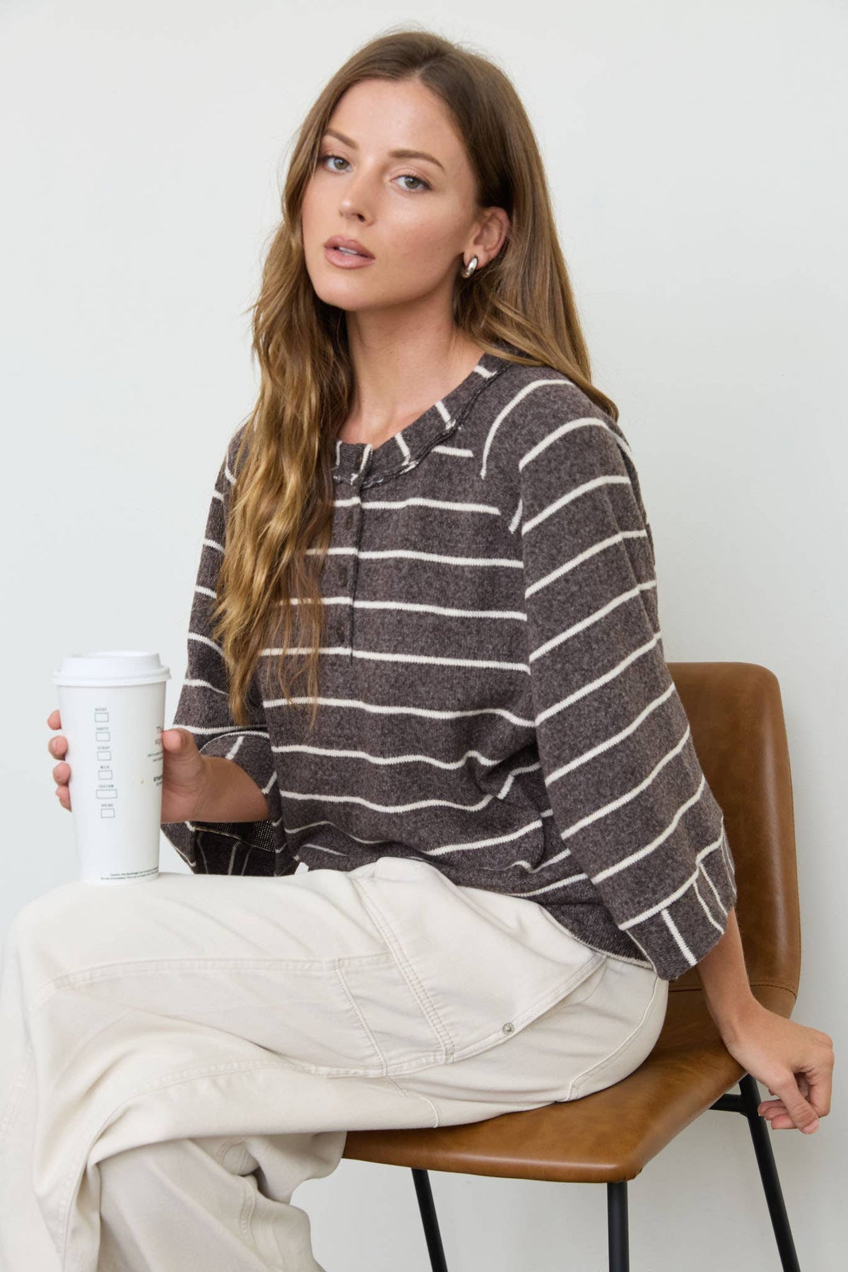 STRIPE HENLEY WIDE LONG SLEEVE KNIT TOP