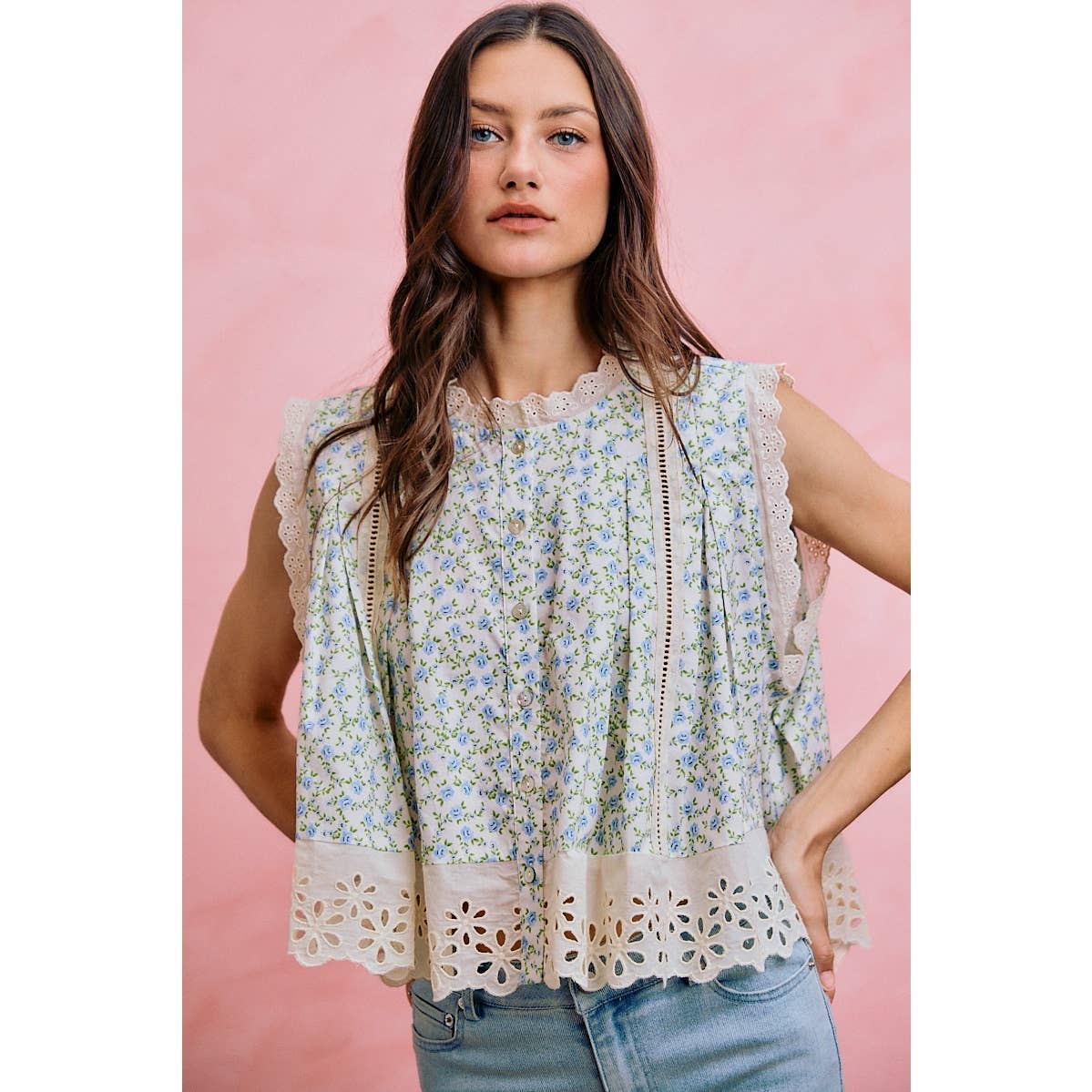 FLORAL PRINT WOVEN BUTTON DOWN TRIMMED BLOUSE TOP