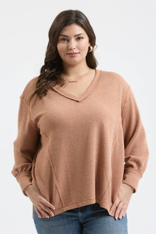PLUS V NECK ASYMMETRICAL HEM LONG SLEEVE KNIT TOP