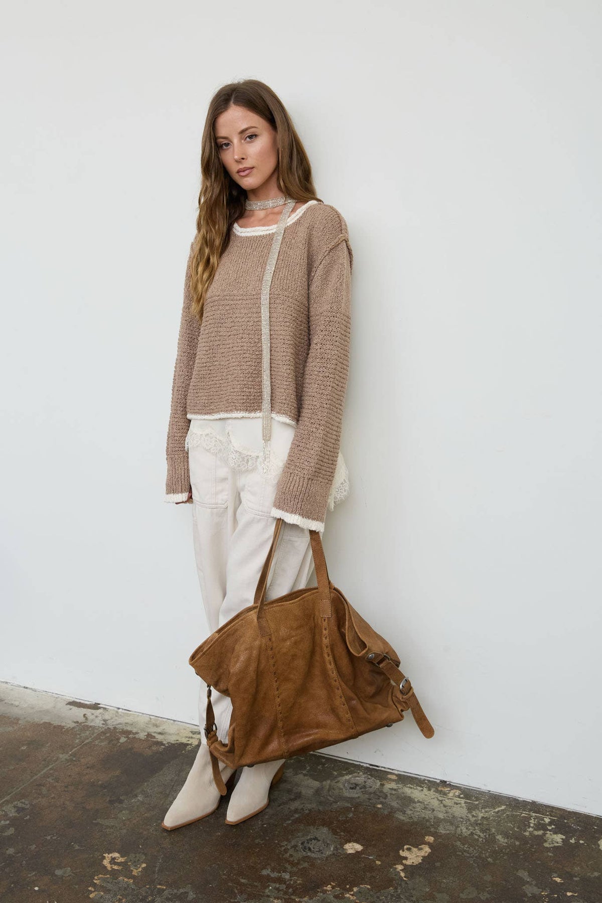 CONTRAST TRIM AND KNIT PATTERN LONG SLEEVE SWEATER
