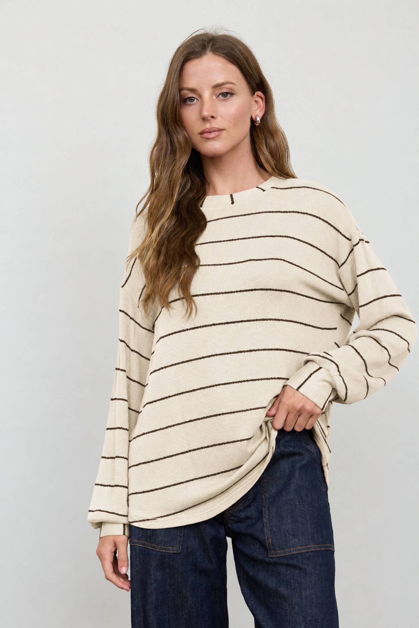 STRIPE LONG SLEEVE CUFFED RELAXED KNIT TOP