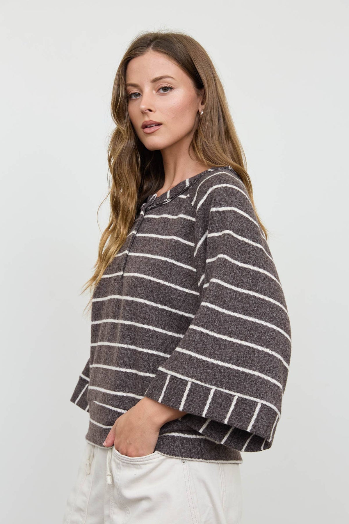 STRIPE HENLEY WIDE LONG SLEEVE KNIT TOP