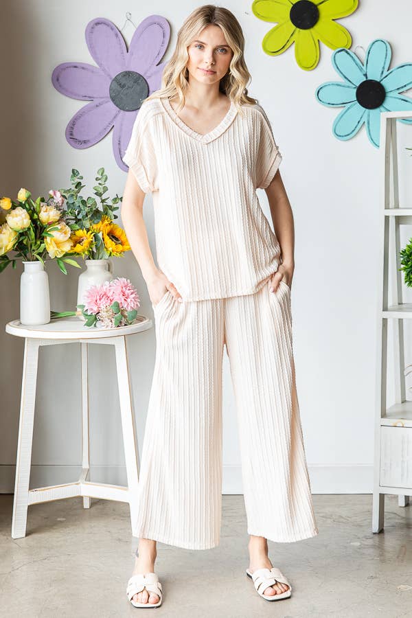 Textured V neck Top And Wide Leg Lounge Set