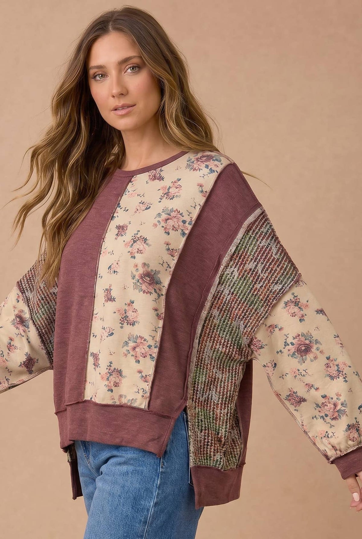 Plus Mixed Fabric Floral Waffle Knit Paneling Top