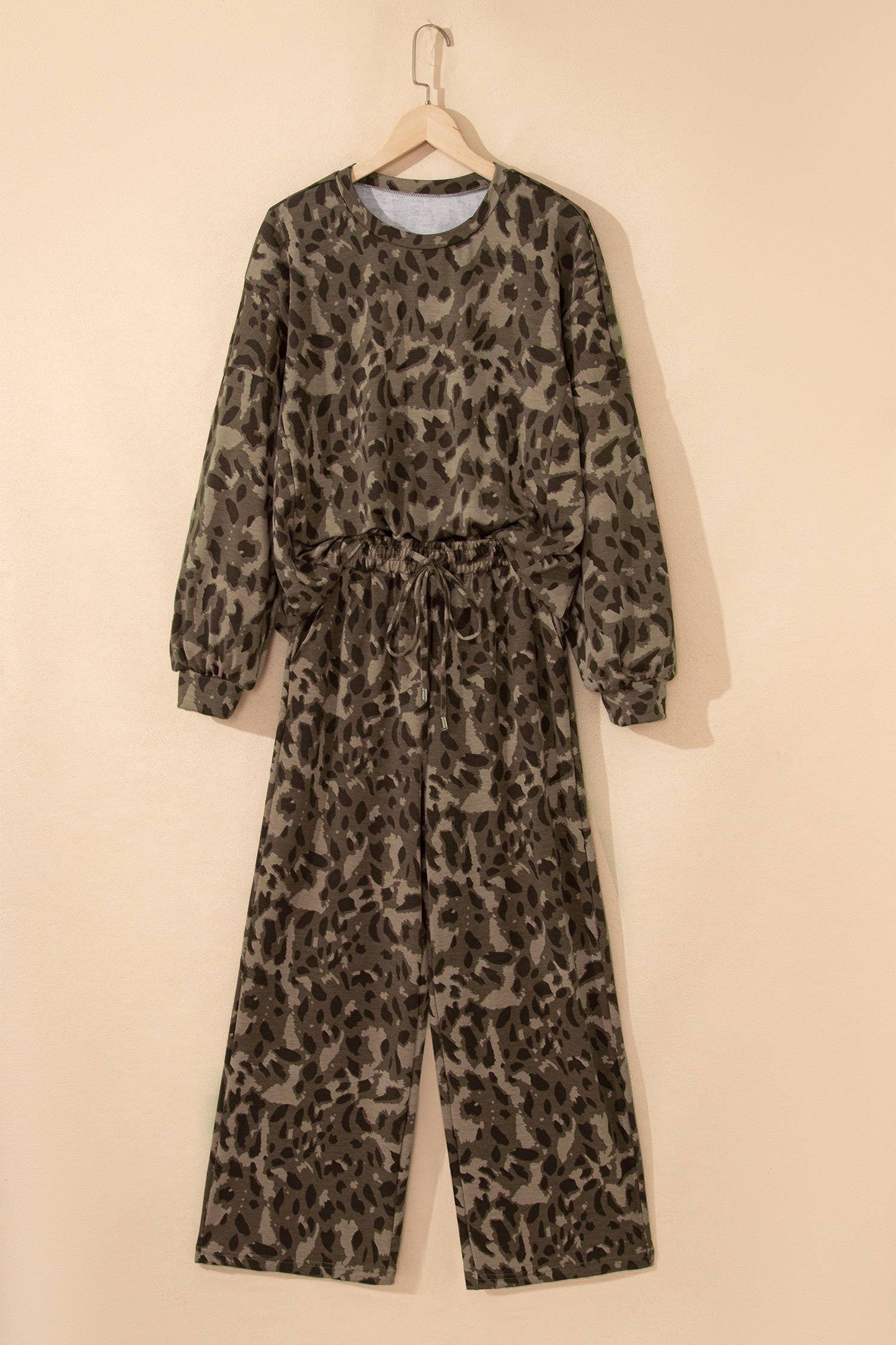 Brown Leopard Print Patchwork Pullover Drawstring Loose Pant Set