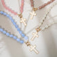 Mother of Pearl Cross Toggle Pendant Beaded Necklace