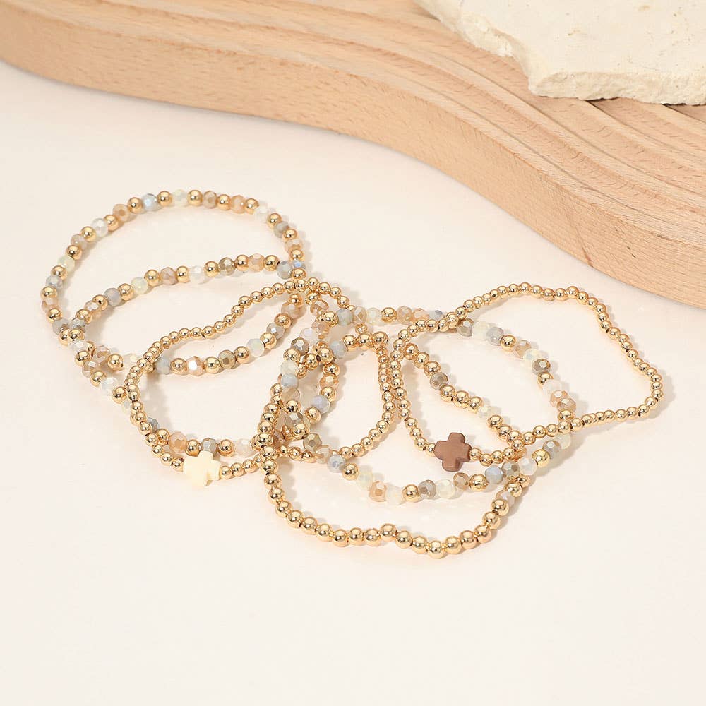 6PCS - Cross Charm Faceted Beaded Stretch Multi Layered Bracelets