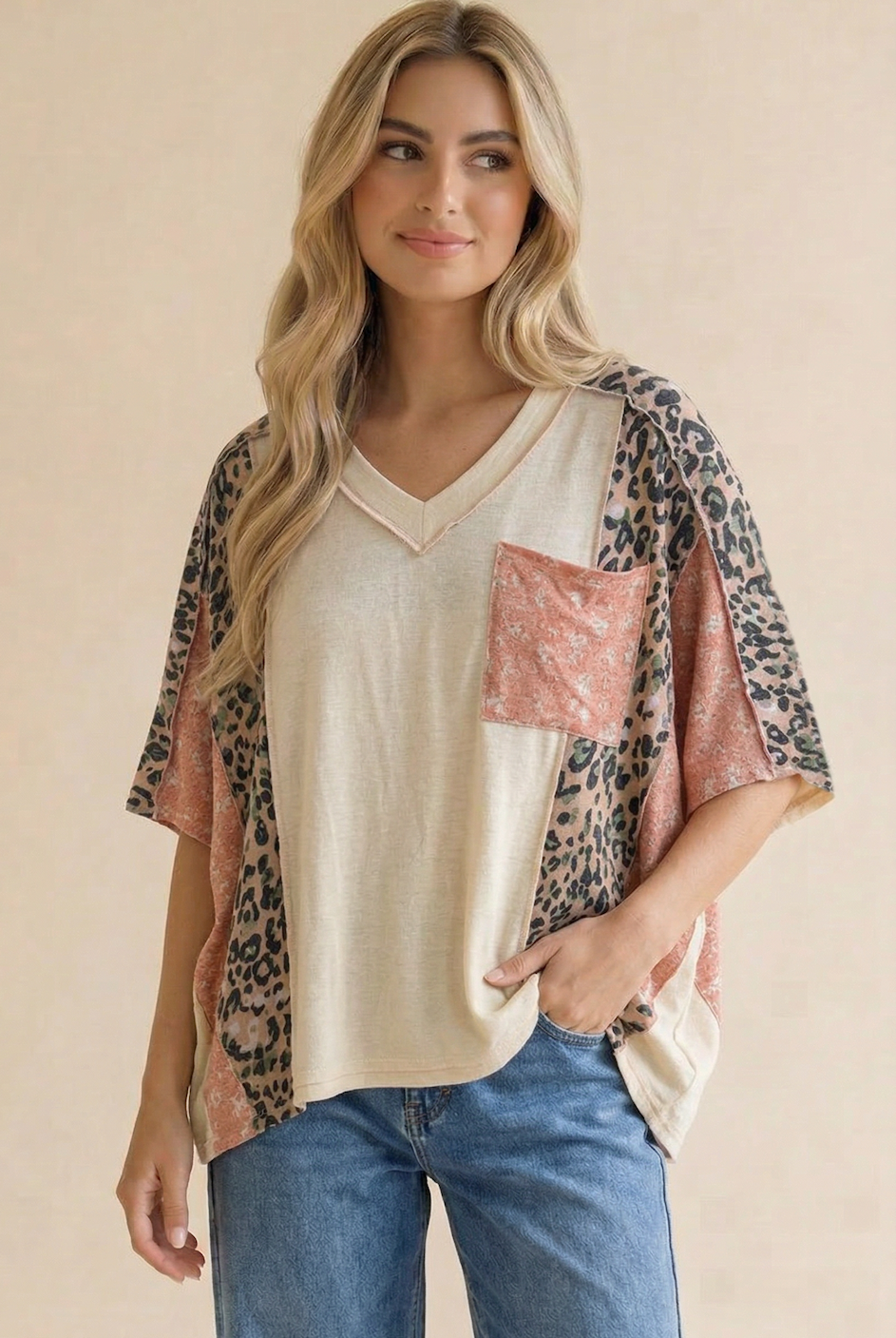 Floral Leopard Color Block Dolman Knit Top