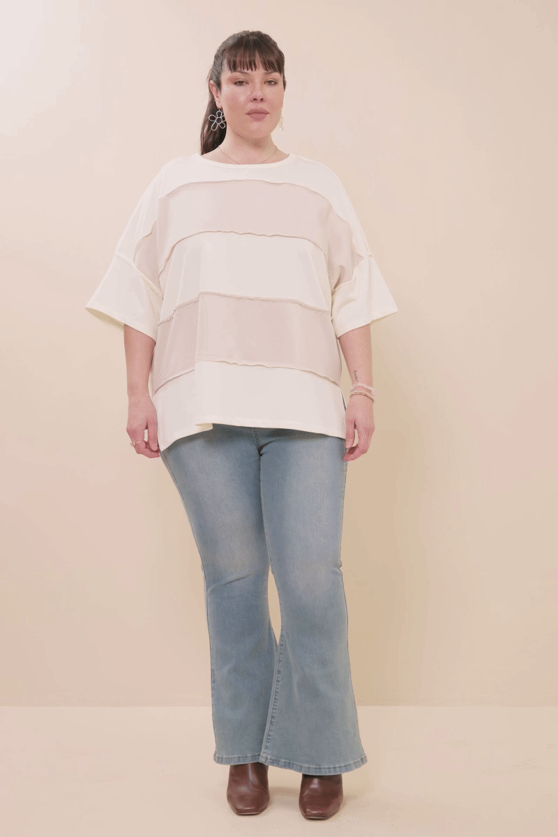 Womens Raw Edge Detail Color Block French Terry Knit Top