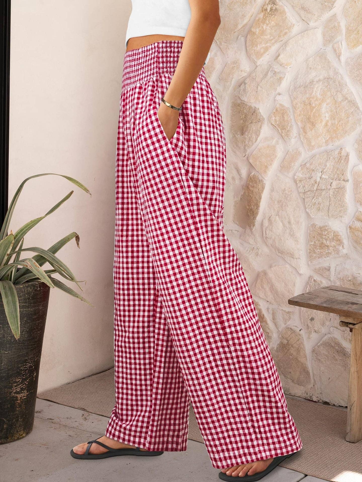 Gingham High Waist Wide Leg Pants with Pockets