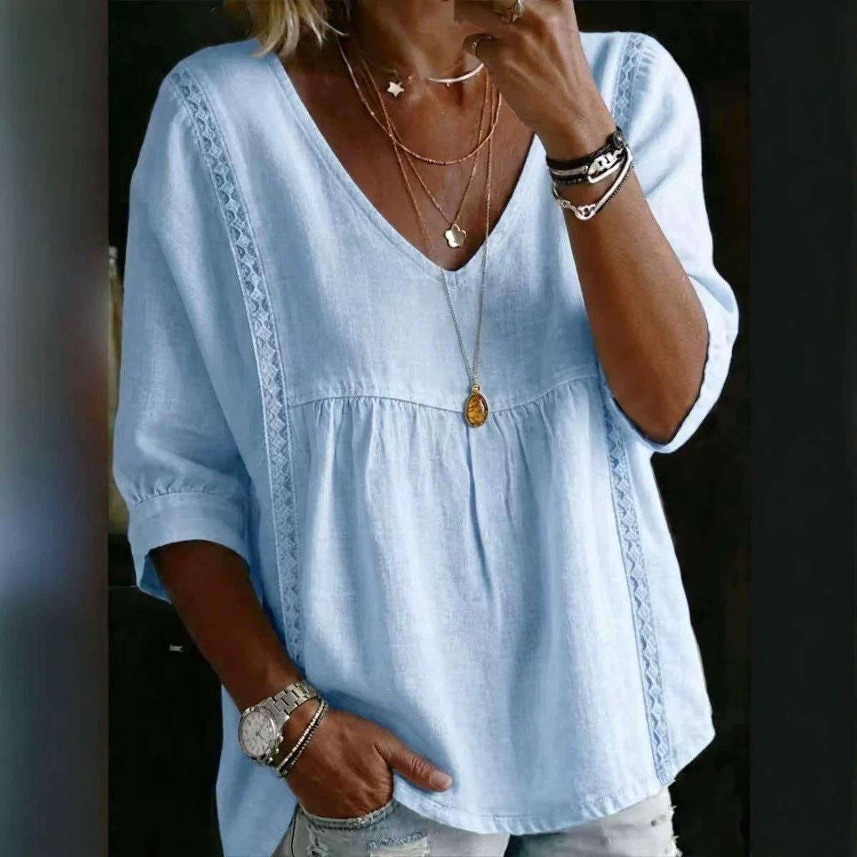 Lace Trim V Neck Plus Size Blouse S to 4XL