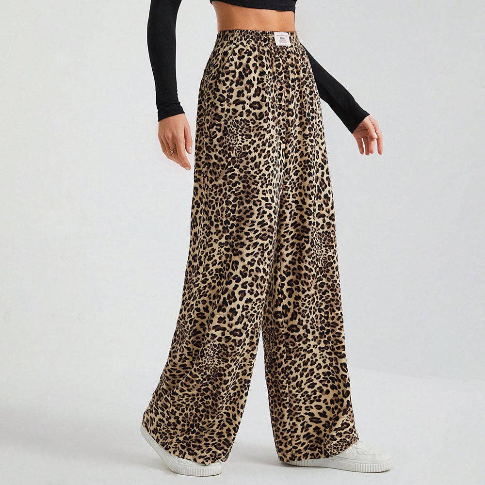 Leopard Print Wide Leg Pants High Waist Casual Trousers