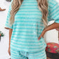 Stripe Rib Loose Tee Drawstring Elastic Waist 2pcs Short Set