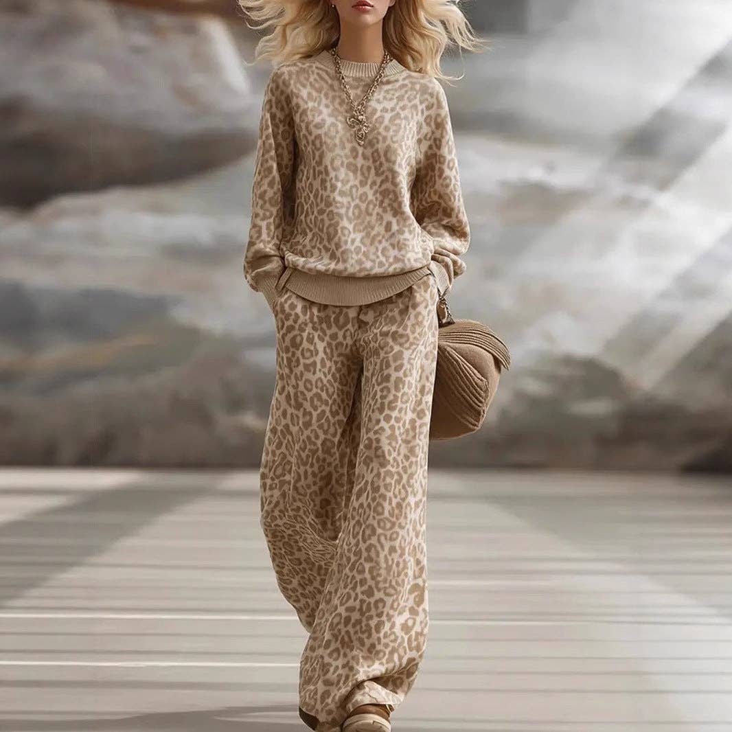 Leopard Print Knit Two Piece Wide Leg Pants Set