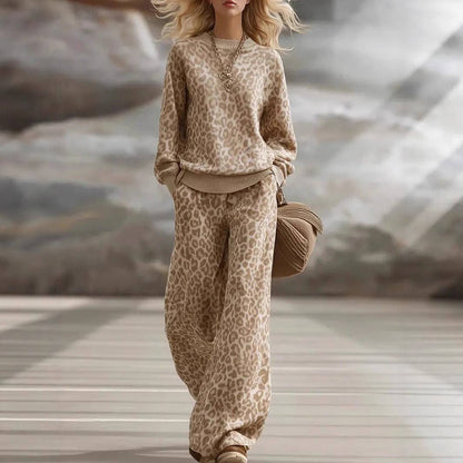 Leopard Print Knit Two Piece Wide Leg Pants Set