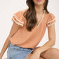 V NECK WAVY TRIM RUFFLE SLEEVE TOP