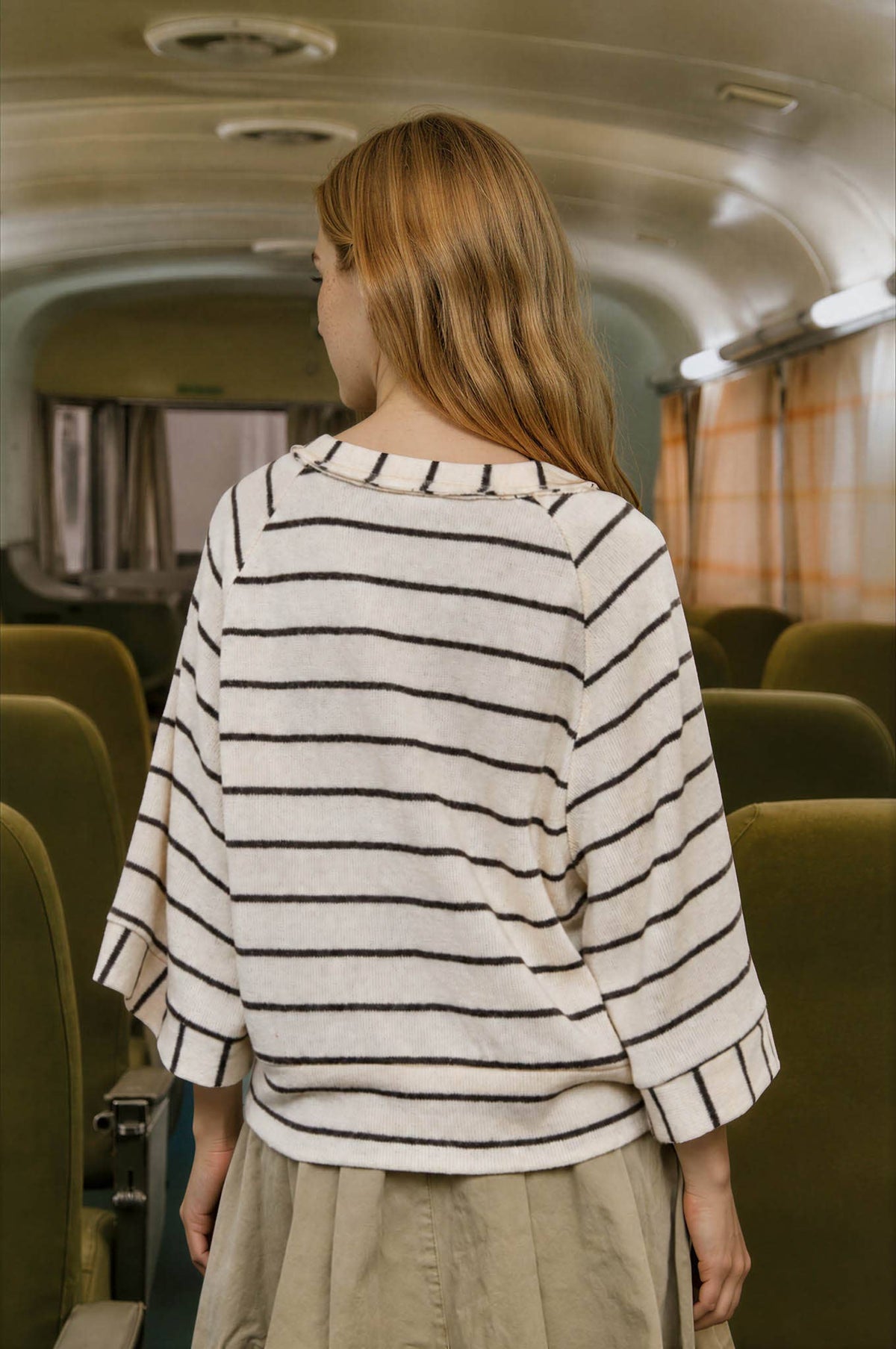 STRIPE HENLEY WIDE LONG SLEEVE KNIT TOP