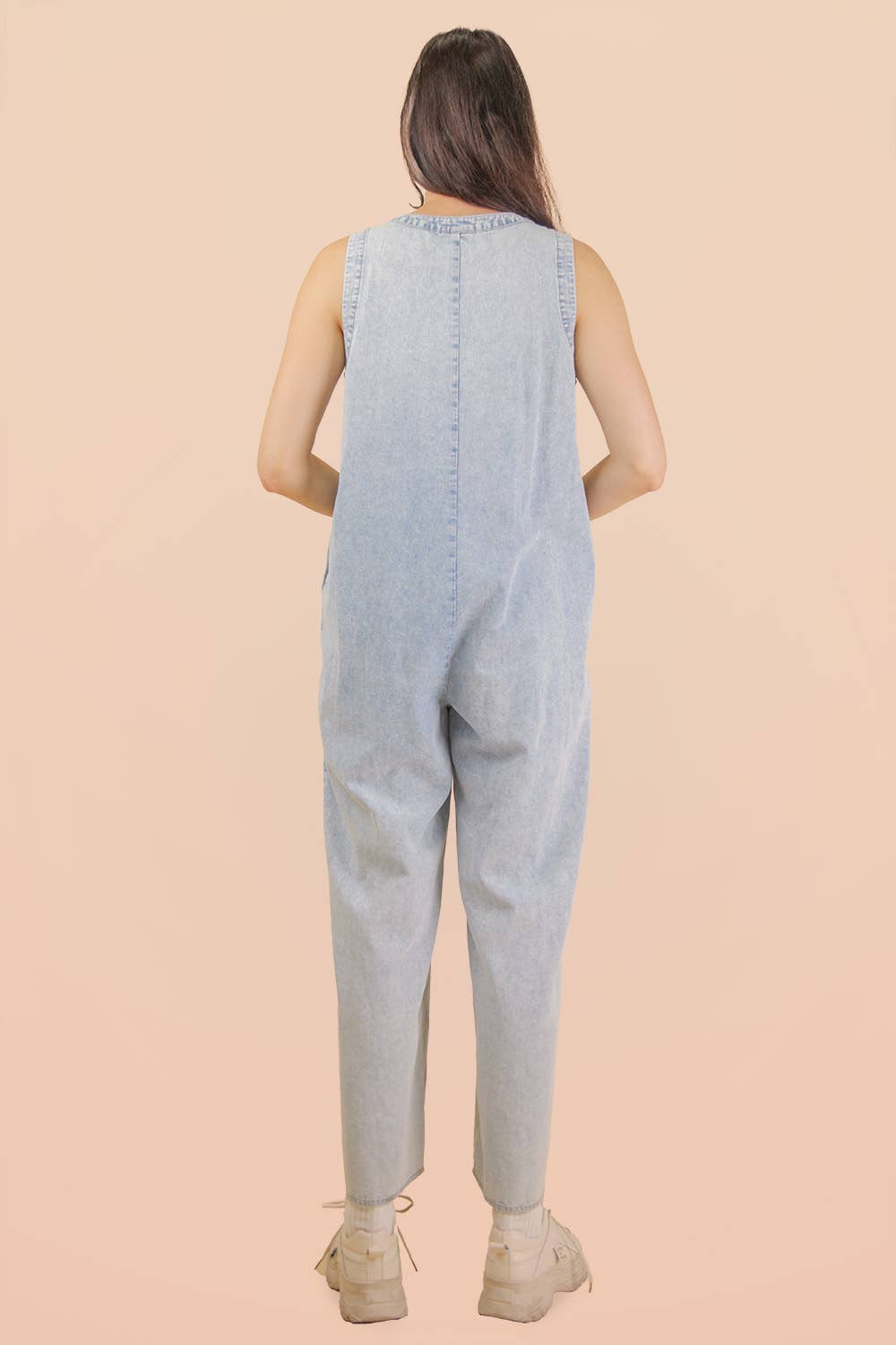 Melissa Pintuck Detail Washed Denim Wide Leg Jumpsuit