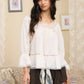 OFF-SHOULDER LACE TRIM FRONT TIE LONG SLEEVE TOP